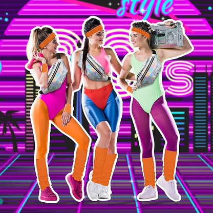 SATINIOR 80s Women Workout Outfit Neon Leg Warmer Headband Wristbands Fanny Pack Set 80s Accessories for Yoga Running