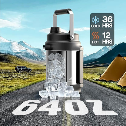 64 oz Stainless Steel Water Bottle for Camping: 2-in-1 Straw Spout Lid, Dual Handle, Leakproof, Keep Cold 48H, Half Gallon Insulated Water Jug for Outdoors, Fitness, Journey, Fishing, Work (Steel)
