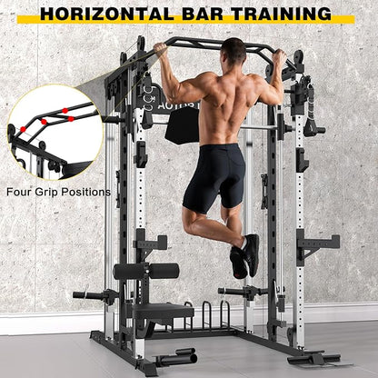 Smith Machine Strength Training Squat Rack with Smith Bar, Power Cage with LAT Pull-Down Systems, Cable Crossover Machine for Home Gym