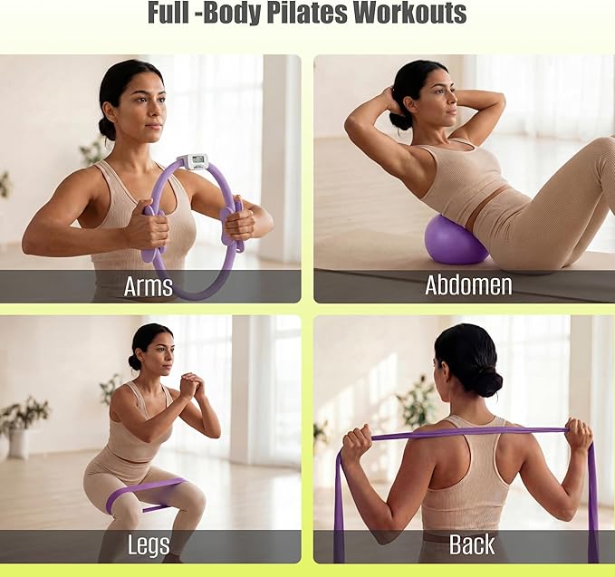 Pilates Kit with Rep Counter Ring for Home Workouts, Includes Pilates Ball, Resistance Bands & Grip Socks, Full Body Workout Set for Women, Beginner-Friendly