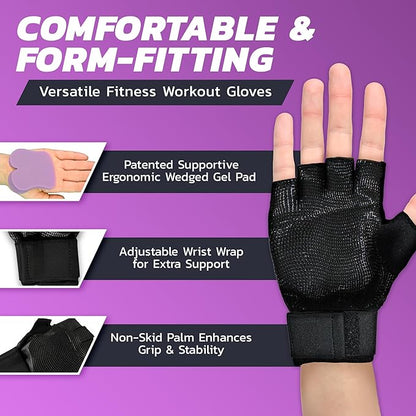 Wrist Support Gloves with Patented Ergonomic Gel Pad and Wrist Wrap for Women and Men's Workouts