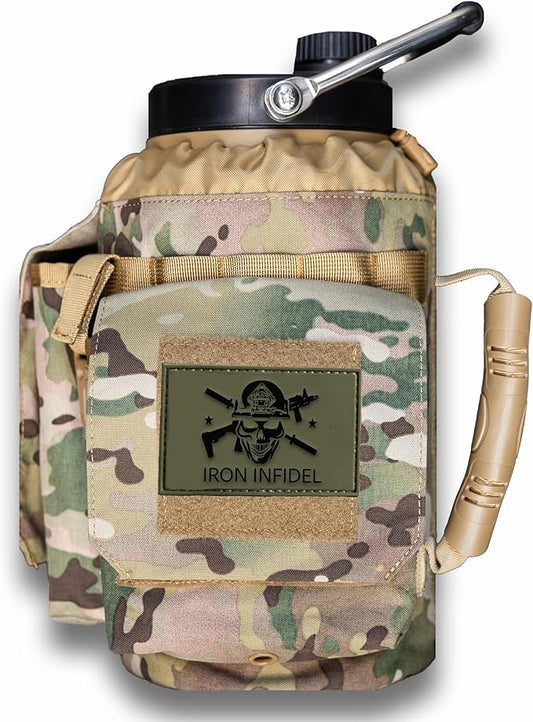 Iron Infidel Battle Bottle - One Gallon Insulated Water Bottle with Dual Carry Handles - 128 oz Tactical Stainless Steel Water Jug & Rugged Extra Large Sleeve With Storage (OCP Camo 128 Ounces)