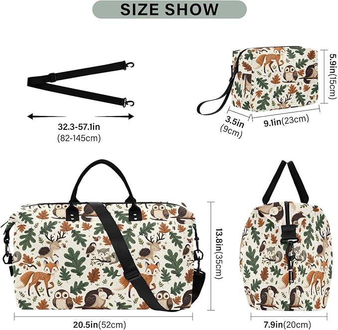 Weekender Bags Travel Duffel Gym Bag Animals Fox Deer Woodland Forest Hedgehog Carry on Overnight Tote Bag with Toiletry Bag for Airplane Travel Trip Gym Yoga