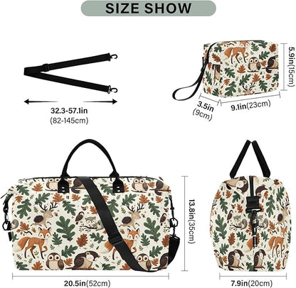 Weekender Bags Travel Duffel Gym Bag Animals Fox Deer Woodland Forest Hedgehog Carry on Overnight Tote Bag with Toiletry Bag for Airplane Travel Trip Gym Yoga