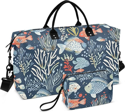 Weekender Bags Travel Duffel Gym Bag Carry on Overnight Tote Bag with Toiletry Bag for Airplane Travel Trip Gym Yoga (Ocean Animals and Plants)