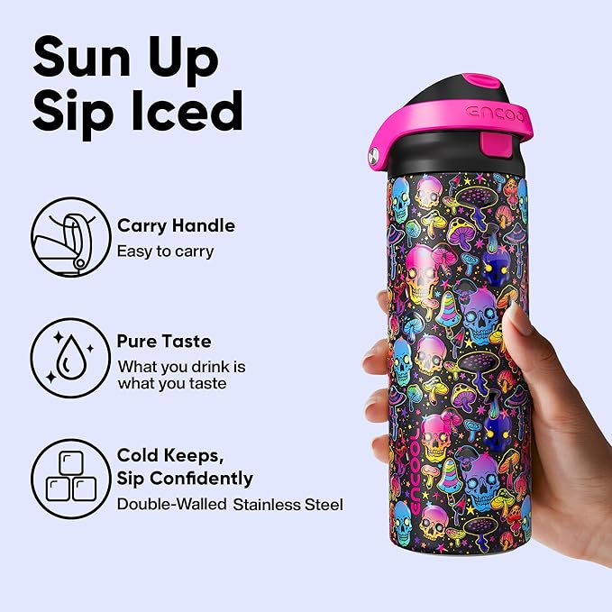 Encool SwiftSip Insulated Stainless Steel Water Bottle with Straw - Leak Proof Sports Water Bottle for School, Travel, Keeps Cold All Day, One-Touch Flip Lid, BPA-Free, 24 oz, Trippy Skulls