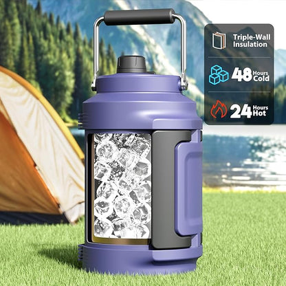 1 Gallon Insulated Water Bottle for Sports: Meoky 128 oz Triple Wall Vacuum Stainless Steel Water Jug - Top and Side Handles, Cold for 48 Hrs, 2-in-1 Straw and Spout Lid, Leak Proof for Hiking (Navy)