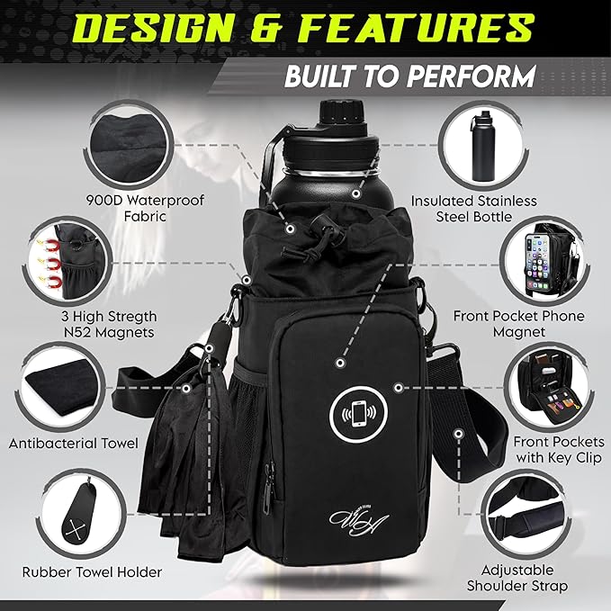 Magnetic Gym Bag & Magnetic Water Bottle Holder Set - 40oz Insulated Stainless Steel Bottle, Microfiber Towel, Cross Body Strap & Phone Holder Magnet - Gym Bag Essentials for Fitness, Work & Travel