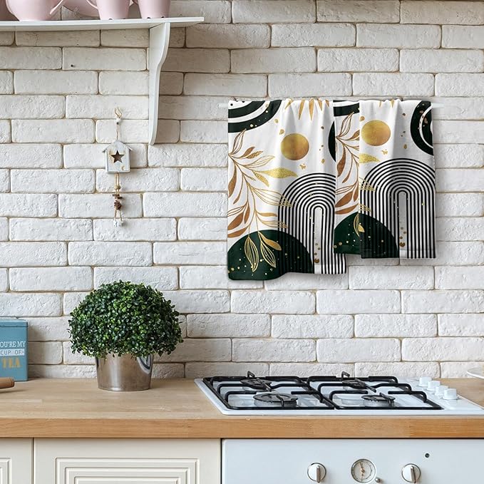 Mid Century Boho Hand Towels Gold Tropical Leaf Art Decorative Absorbent Drying Cloth Tea Towels Set Bohemian Modern Housewarming Gifts for Home Bathroom Spa Gym 2 Pack 14"x28"