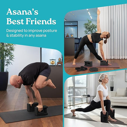 PRO Yoga Blocks | Ergonomic Yoga Block 2 Pack for Wrist Comfort and Support | EVA Foam Exercise Blocks, 2x Knee Pads & Yoga Strap | Pilates Block Set | Bricks to Eliminate Wrist Pain