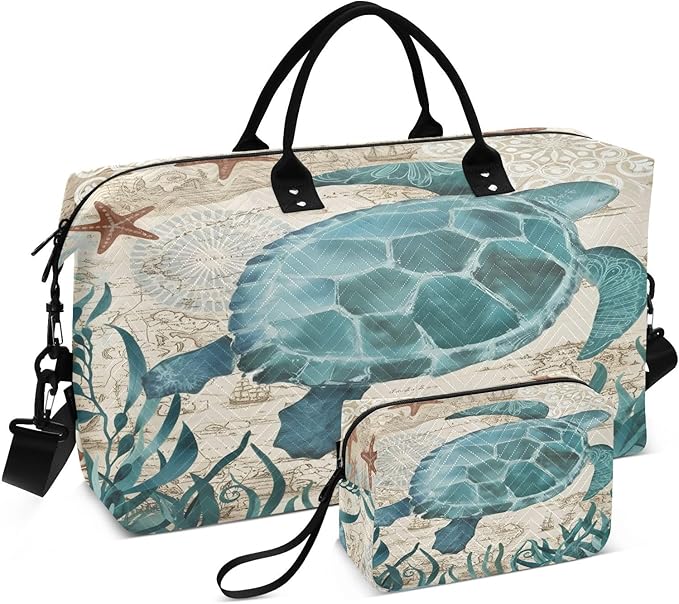 Weekender Bags Travel Duffel Gym Bag Carry on Overnight Tote Bag with Toiletry Bag for Airplane Travel Trip Gym Yoga (Sea Lives Turtle Coral)