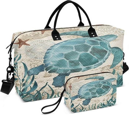 Weekender Bags Travel Duffel Gym Bag Carry on Overnight Tote Bag with Toiletry Bag for Airplane Travel Trip Gym Yoga (Sea Lives Turtle Coral)