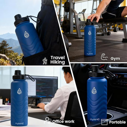 24oz Stainless Steel Insulated Water Bottle, 48H Ice Cold & 24H Hot, Leak-Proof Wide Mouth Lids (Straw & Spout), BPA-Free Bottles, Mens Water Bottle for Gym, Hiking, Travel - Blue