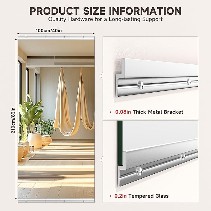 83"x40" One-Piece Home Gym Mirror, Oversized Full Body Wall Mounted Fitness Mirror, 4MM Professional Grade Tempered Glass for Yoga, Studio with Complete Kit