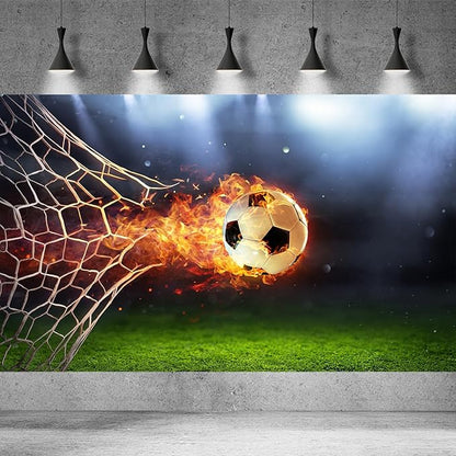 Fiery Soccer Ball in Goal Background for Photography Sports Game Party Birthday Party Backdrop Fire Football Green Glass Net Backdrop Decor for Children Adults Sports Club Photo Props 20x10ft