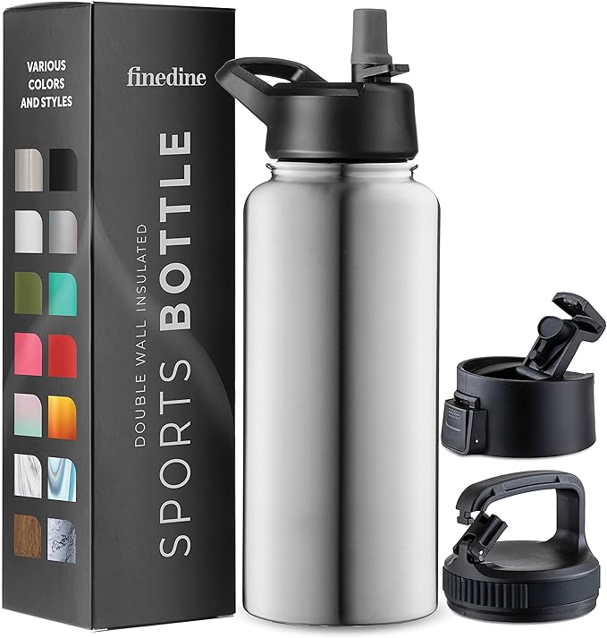 FineDine Water Bottle - Stainless Steel Insulated Water Bottle with Straw Lid, Flip Lid & Wide-Mouth Cap - Keeps Hot and Cold - 32 Oz / 946ml - Brushed Stainless Steel