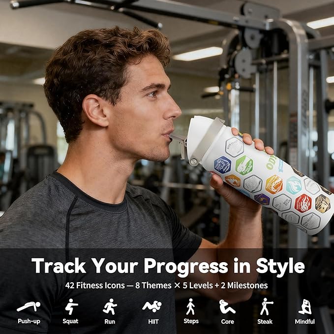 32 oz Motivational Insulated Stainless Steel Water Bottle for Sports, Gym & Travel, 2-in-1 Push-Button Spout & Quick-Flip Straw, Leak-Proof BPA-Free, Keeps Cold 30H, with DIY Fitness Stickers