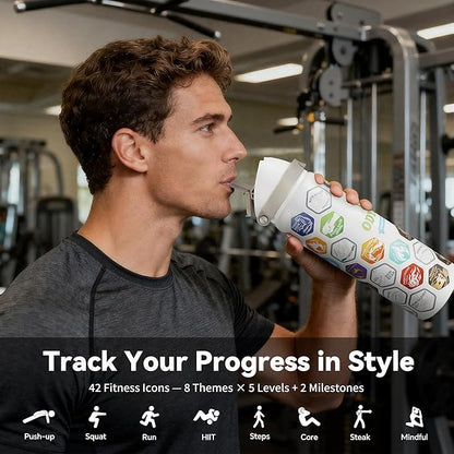 32 oz Motivational Insulated Stainless Steel Water Bottle for Sports, Gym & Travel, 2-in-1 Push-Button Spout & Quick-Flip Straw, Leak-Proof BPA-Free, Keeps Cold 30H, with DIY Fitness Stickers