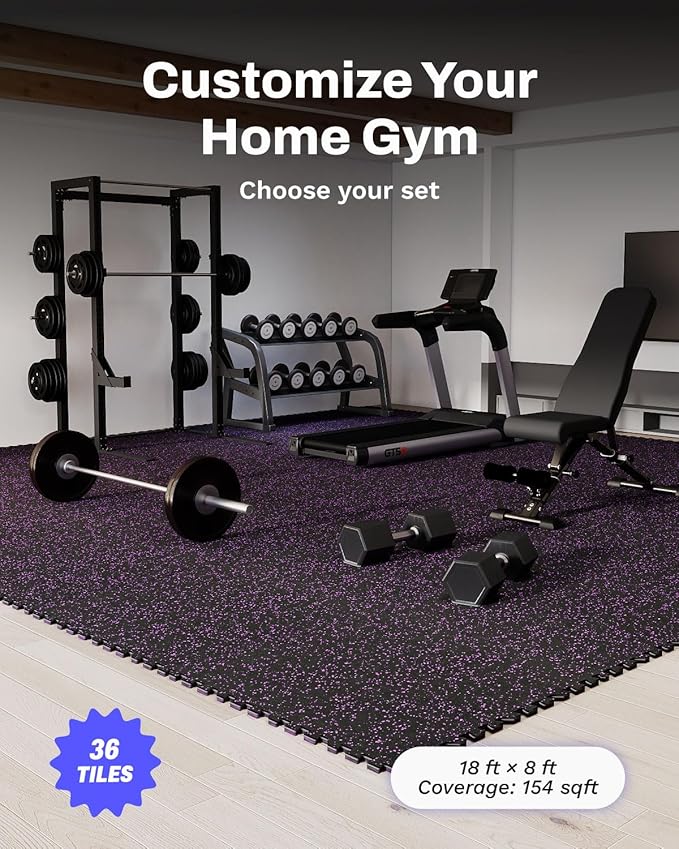 AIRHOP 0.56in Thick 144 Sq Ft Exercise Equipment Mats, 36 Tiles Upgraded Rubber Top with High Density EVA Foam, Large Interlocking Puzzle Gym Flooring for Home Gym, Heavy Weight Workout, 24 x 24in