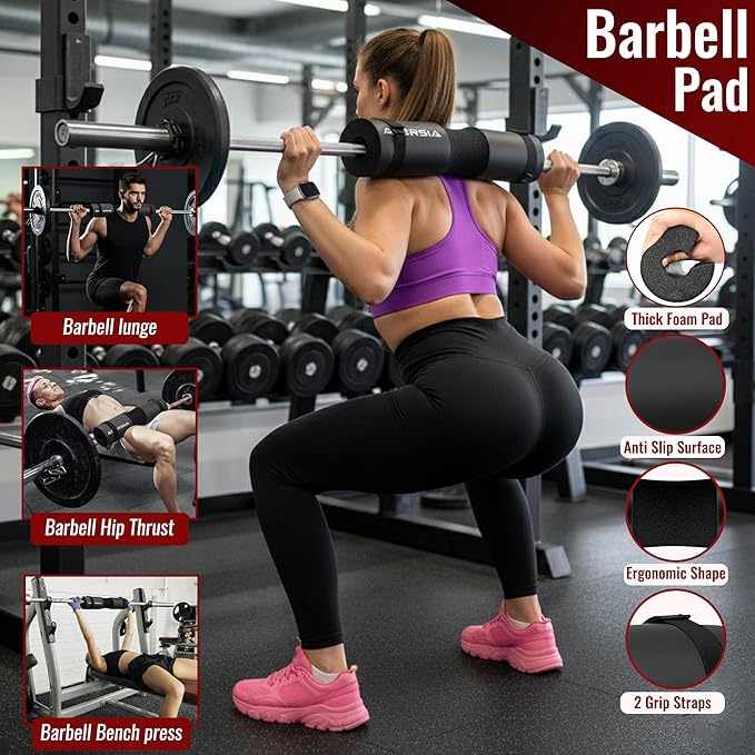 10 in 1 Barbell Pad Set for Squats & Hip Thrust – Barbell Pad with Resistance Bands, Lifting Straps, Ankle Straps & Barbell Clamps – Weightlifting Accessories Kit for Home Gym