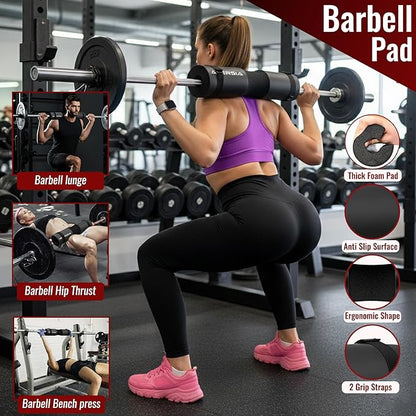 10 in 1 Barbell Pad Set for Squats & Hip Thrust – Barbell Pad with Resistance Bands, Lifting Straps, Ankle Straps & Barbell Clamps – Weightlifting Accessories Kit for Home Gym