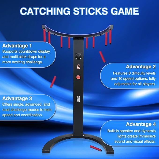 CAMINI Reflex Stick Challenge Game, Adjustable Speed Hand-Eye Coordination Trainer Arcade Machine for Events, Rentals, and Family Game Nights, LED Light & Music Reaction (Black)