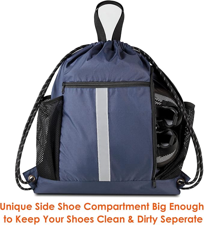 BeeGreen Gym-Drawstring-Backpack-Bag With Shoe Compartment and Two Water Bottle Holder Large String Backpack Sports Bag Athletic Sackpack For Men Women