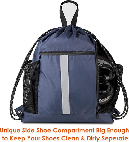BeeGreen Gym-Drawstring-Backpack-Bag With Shoe Compartment and Two Water Bottle Holder Large String Backpack Sports Bag Athletic Sackpack For Men Women