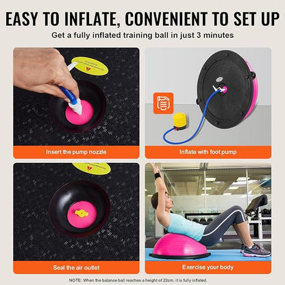 VEVOR Half Exercise Ball Trainer, 23/26 inch Balance Ball Trainer, 1500lbs Capacity Stability Ball, Yoga Ball with Resistance Bands & Foot Pump, Strength Fitness Ball for Home Gym Full Body Workout