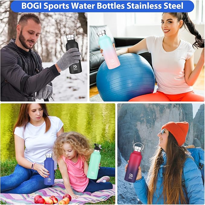 BOGI 20oz Insulated Water Bottle, Wide Mouth Stainless Steel Water Bottles Leakproof Metal Water Bottle with Straw and Handle BPA Free Steel Water Bottle for School Fitness Outdoor Sports-Color1