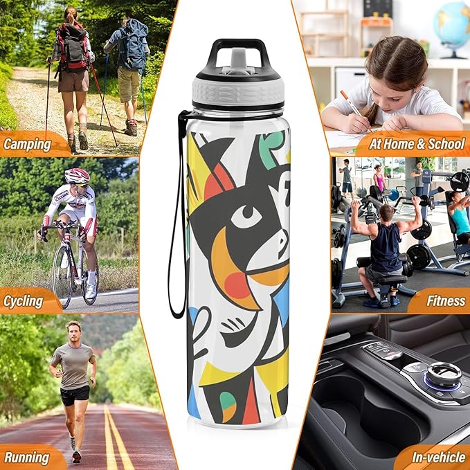Fustylead Imaginary Animals in Picasso-style 32 oz Water Bottle with Straw, Leakproof Clear Sport Bottles for Women Men Outdoor Sport Drinking