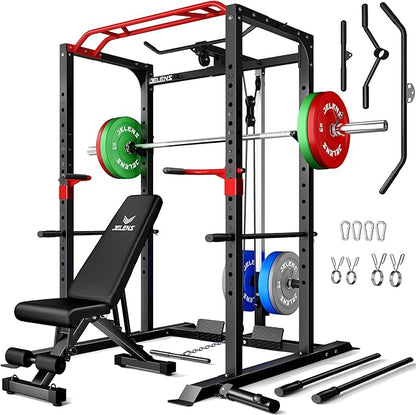 S11 Power Cage, 2000LB Multi-Function Power Rack with LAT Pulldown, Squat Rack with Adjustable Pulley System and Training Attachments, Weight Rack for Home Gym