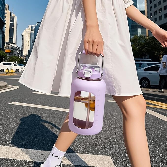 Large Glass Water Bottles with Stainless Steel Handle,100 oz Gallon Drinking Bottle with 2-in-1 Straw Lid,3 Liter Glass Water Jug with Silicone Sleeve,Wide Mouth,Purple