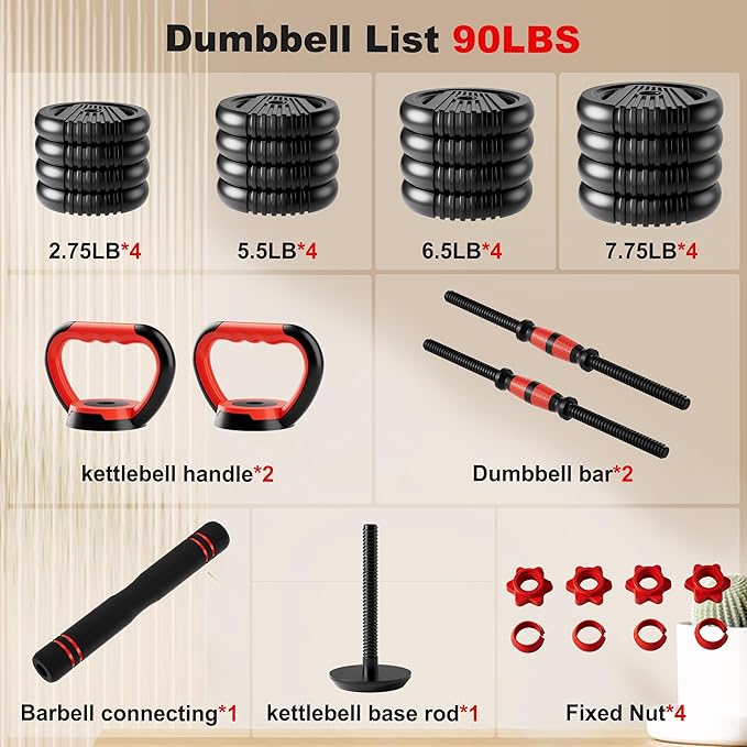 Adjustable Dumbbell Set, 10/20/30/45/70/90lbs Free Weight Set with Connector, 5 in1 Dumbbells Set Used as Barbell, Kettlebells, Push up Stand,Weight Plate, Fitness Exercises for Home Gym Suitable Men/Women