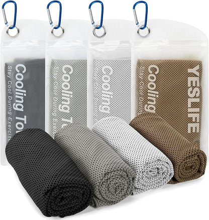 YESLIFE 4 Pack Cooling Towels 40"x12", Gym Towels for Men and Women, Soft Breathable Workout Towels for Yoga, Running, Sport, Workout, Camping, Fitness & More (Black, Light Grey, Brown, Dark Grey)