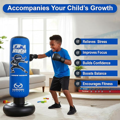 Marwan Sports Punching Bag for Kids with Boxing Gloves Ages 4-12 – 63" Inflatable Boxing Bag for Kids, Fast Rebound Set, Christmas & Birthday Gift for Boys & Girls