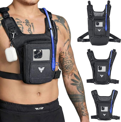 Elite Hydra Running Chest Pack w/ Gun Holster, Phone Holder Touch Friendly, Camera Pocket for Men/Women Lightweight Hydration Vest Chest Rig w/ Water Bladder for Marathon, Cycling, ADV Camping, Skiing