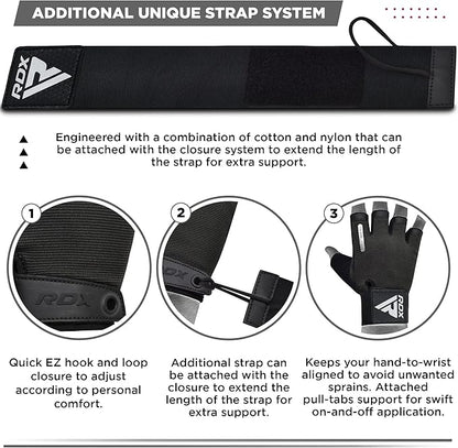 RDX Weight Lifting Gloves, Additional Stretchable Long Wrist Support, Full Palm Grip, Men Women Fitness HIIT Workout, Bodybuilding Powerlifting Strength Training Cycling Exercise Home Gym Equipment