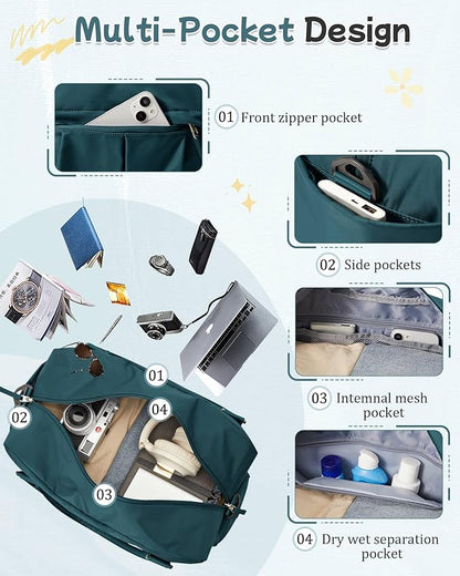 Large Carry on Gym Bag for Women, Waterproof Sport Bag for Fitness with Dry Wet Separated Pocket and Shoe Compartment, Overnight Weekender Fitness Workout Sports Bag, Peacock Blue