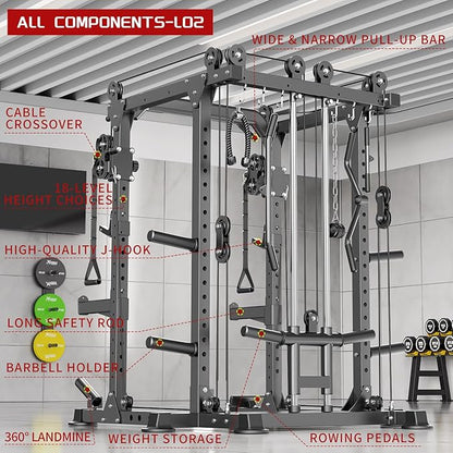 Multi-Purpose Squat Rack,Smith Machine Weight Rack Set with Cable Crossover System, Home Gym Power Racks, Power Racks and Packages