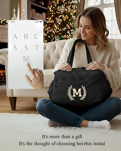 Gym Duffle Bag for Women – Embroidered Custom Initial Sports Bag for Men – Personalized Travel & Workout Duffel with Luggage Sleeve – Thoughtful Gift for Mom, Girl, Daughter, Mother (Black, X)