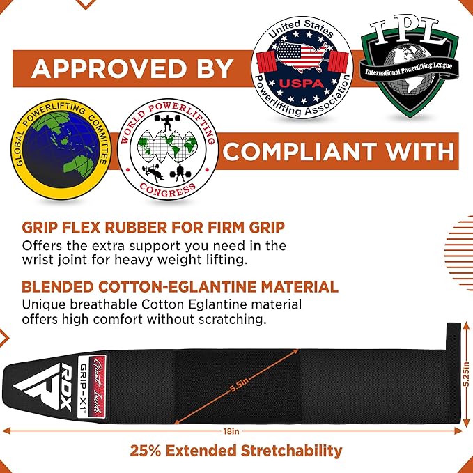 RDX Weight Lifting Wrist Wraps with Gym Straps, Elasticated 18” Cotton Wrap, 60CM Anti Slip Workout Strap Support, Bodybuilding Deadlifting Powerlifting Fitness Gymnastics Strength Training, Men Women