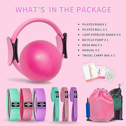 Pilates Essentials Kit for Home Women, Pilates Equipment for Workouts, 6 Fabric Resistance Bands, 12 Inch Magic Circle Yoga Ring, Mini Exercise Ball, Great Exercise Accessories