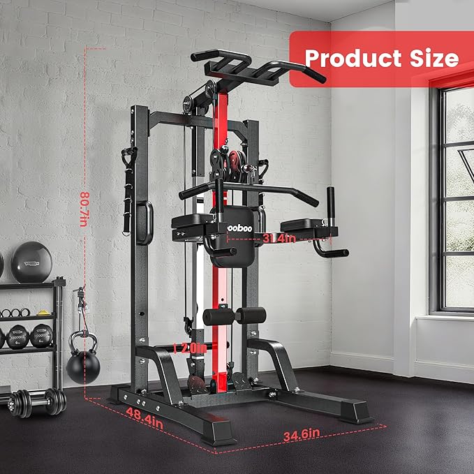 Pull Up Bar Power Tower Dip Station,Cable Machine-Integrated 450LBS Multi-Function Adjustable Height Fitness Strength Training Equipment for Home Gym Strength Training Equipment