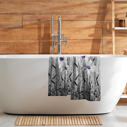 Black White Hand Towels Rustic Purple Daisy Butterfly Farmhouse Absorbent Kitchen Towels Set of 2 Spring Vintage Floral Soft Quick Dry Microfiber Dish Towels For Kitchen Bathroom Gym Face Towel