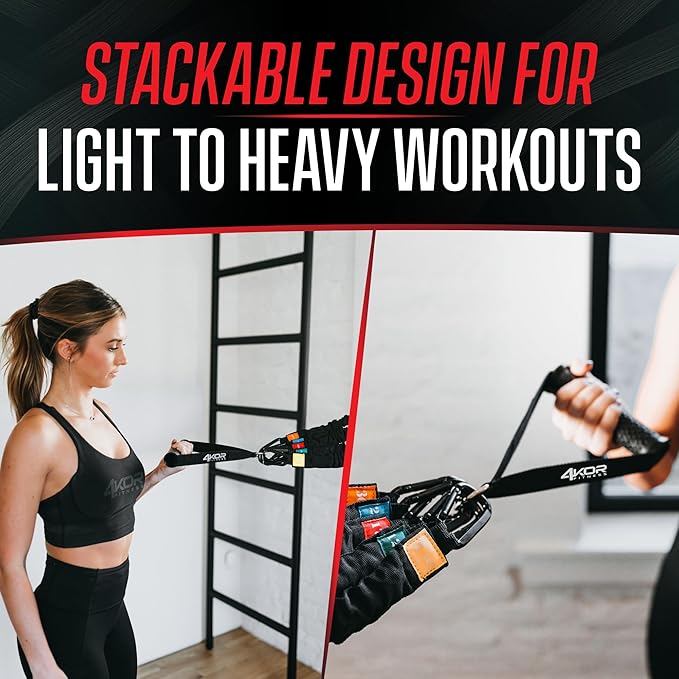 4KOR Deluxe Shoulder and Full Body Cross Anchored Resistance Cord System with Interchangeable Handles, Foot Straps, and Workout Guide. Exercise Bands with Nylon Sleeves, Anchors, and Carry Bag