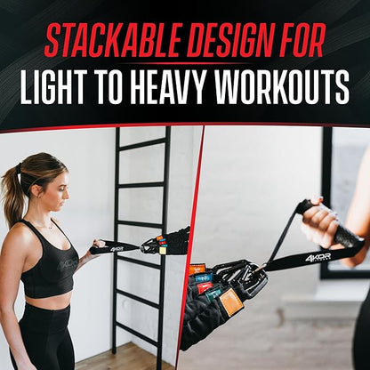 4KOR Deluxe Shoulder and Full Body Cross Anchored Resistance Cord System with Interchangeable Handles, Foot Straps, and Workout Guide. Exercise Bands with Nylon Sleeves, Anchors, and Carry Bag