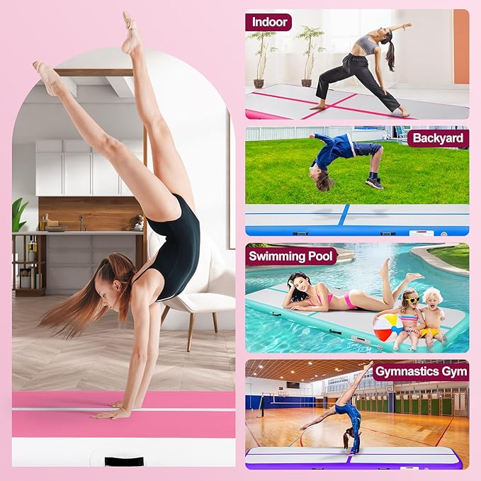 Inflatable Gymnastics Mat 10ft/13ft/16ft/20ft/ Air Tumbling Track Mats 4/8 inches Thick for Home Use/Training/Cheerleading/Yoga/Water with Pump