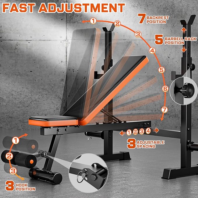 Fostoy 770lbs Weight Bench Set with Squat Rack, 5 in 1 Workout Bench Press With Removable Foot Catch, Adjustable Flat Incline Sit Up Bench for Home Gym Full Body Strength Training