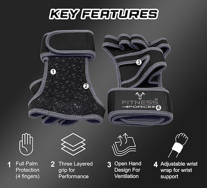 FITNESS FORCE Ventilated Weightlifting Gloves Workout Gloves for Men & Women with Built-in Wrist Wraps Fingerless Gym Gloves for Men Perfect for Exercise Fitness, Weight Lifting, Cross Training